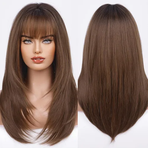 Vista 18 de HAIRCUBE Peluca de color marrón a rubio con flequillo para mujer, peluca de cabello largo ondulado marrón y rubio, pelucas sintéticas rizadas