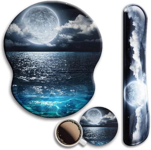 Vista 14 de Alfombrilla de mouse y soporte para reposamuñecas para teclado, con base de poliuretano antideslizante, alfombrilla de mouse de gel con posavasos