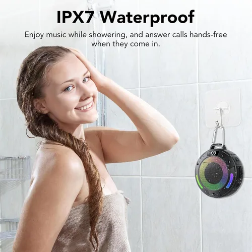 Vista 4 de Altavoz Bluetooth, altavoz de ducha inalámbrico portátil 2025, pantalla digital, altavoz portátil con gancho desmontable, IPX7 impermeable con luz