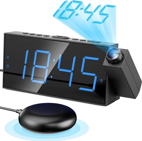 Vista 13 de Mesqool Relojes de alarma con proyector digital para dormitorio de niños, reloj enchufable con proyección de 180° en techo y pared, alarmas duales