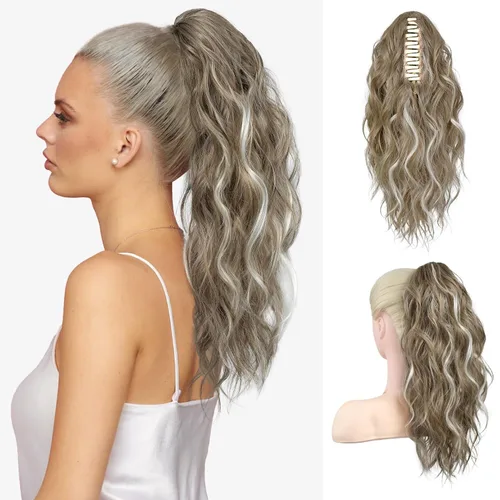Vista 24 de FLUFYMOOZ Extensión de cola de caballo, extensión de cola de caballo con clip de garra de 18 pulgadas, extensiones de cabello ondulado y rizado