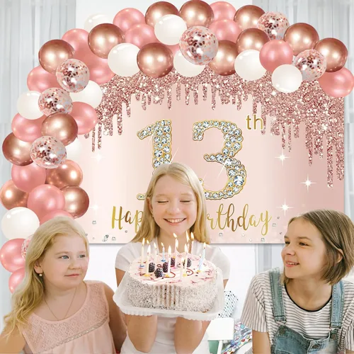 Vista 6 de Cartel de feliz cumpleaños 13 con arco de guirnalda de globos de confeti, juego de globos de oro rosa para niñas, póster de cumpleaños rosa de 13