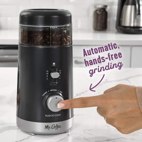 Vista 2 de Mr. Coffee Molinillo de café automático con 5 ajustes preestablecidos, capacidad de 12 tazas, color negro, ideal para uso doméstico y amantes