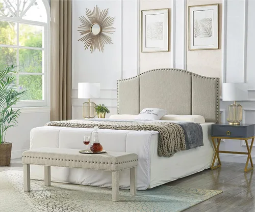 Vista 12 de 24KF Middle Century - Cabecera capitonada tapizada en lino con clavos de latón antiguo, cabecera Queen / Matrimonial, color gris oscuro