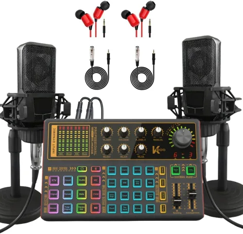 sktome Tablero de efectos de sonido K300, paquete de equipo de podcast para 2, paquete de micrófono de podcast con cambiador de voz, múltiples