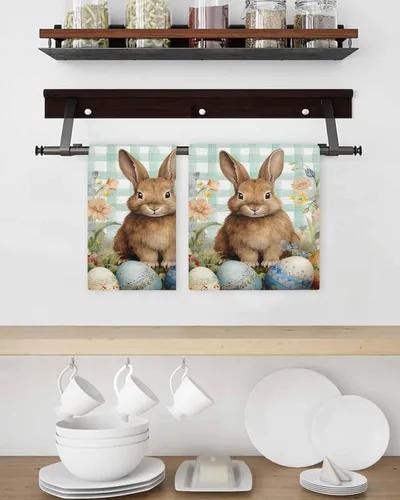 Vista 3 de Kitchen Towel 2 Packs Cotton Waffle Weave, Easter Eggs Green Plaid Buffalo Bunny Floral 16 x 24 Inch Absorbent Quick Drying Dish Towels Clothes for