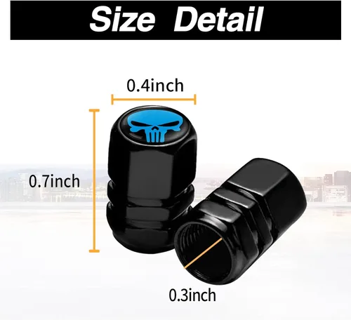 Vista 2 de Ajxn Paquete de 4 tapones de válvula de neumático de calavera, cubiertas herméticas a prueba de polvo para rueda de automóvil, tapas universales