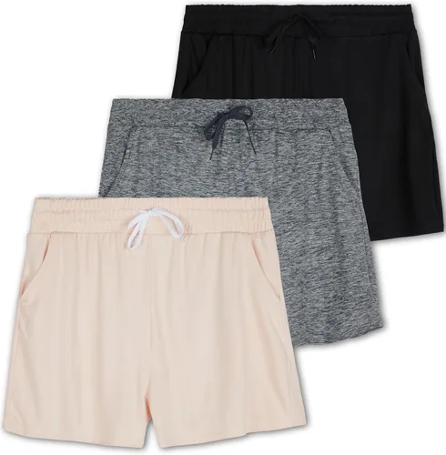 Real Essentials Paquete de 3 pantalones cortos suaves y cómodos para niña, con cordón, pantalones cortos deportivos de yoga con bolsillos