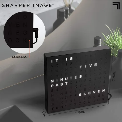Vista 6 de Sharper Image Reloj Digital de Palabras LED, 7.75", Acabado Negro, Reloj de Escritorio y Pared Iluminado, Pantalla de Tiempo Moderna, Estante