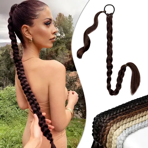 Vista 13 de Extensión de cola de caballo larga trenzada con banda para el cabello, color rubio ceniza, lacio, envolvente, extensiones de cabello sintético