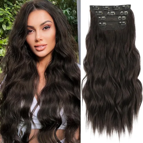 Vista 37 de KooKaStyle Extensiones de cabello sintético con pinzas, largo, ondulado, grueso, balayage, marrón chocolate a rubio caramelo, fibra 10H26