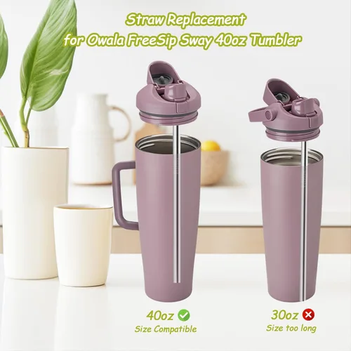 Vista 2 de 6 popotes de metal de repuesto compatibles con vaso Owala FreeSip de 40 onzas, con 2 limpiadores de pajitas, popotes reutilizables de acero