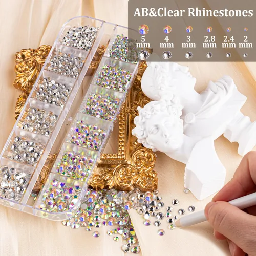Vista 2 de 2300 gemas faciales con parte trasera plana para maquillaje con pegamento, cristal redondo AB y diamantes de imitación transparentes, perlas blancas