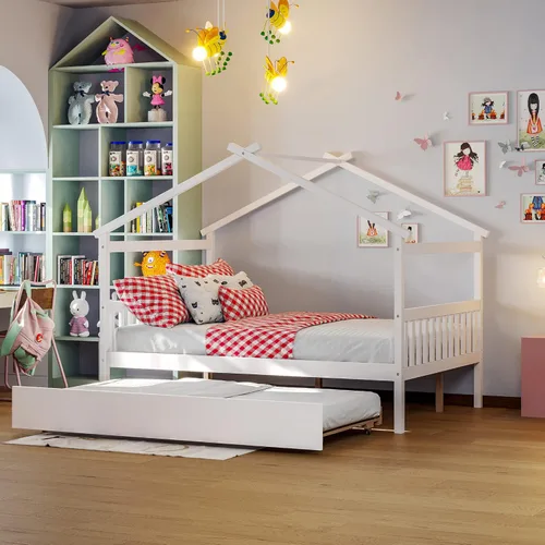 Vista 127 de Merax Cama de madera de tamaño individual con dos cajones, marco de cama de madera con techo para niños, adolescentes, niños o niñas, gris