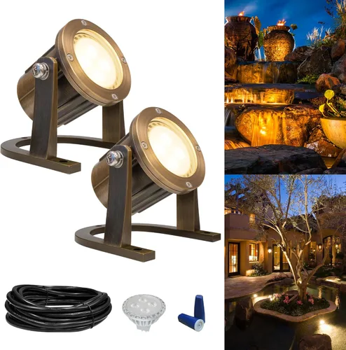 Vista 9 de GKOLED Luz subacuática de latón macizo, luces LED de estanque de bajo voltaje, iluminación de fuente sumergible con bombilla MR16 de 5 W, 2700 K