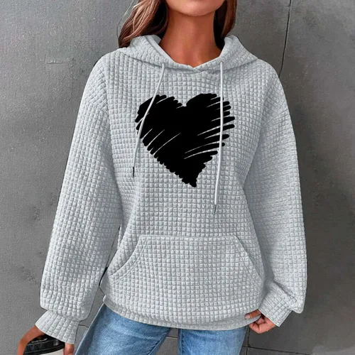 Vista 6 de Linda sudadera con capucha con estampado de corazón para mujer, sudaderas con capucha de gofre, casual, holgada, para adolescentes y niñas