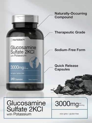 Vista 3 de Horbäach Sulfato de glucosamina 2KCI con potasio 3000 mg 240 cápsulas Suplemento sin OMG y sin gluten