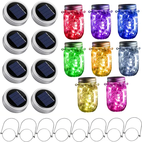 Vista 9 de Guirnalda de luces solares con tapa de tarro de masón, paquete de 8 unidades de 20 luces LED de hadas con 8 ganchos incluidos (tarros no incluidos)