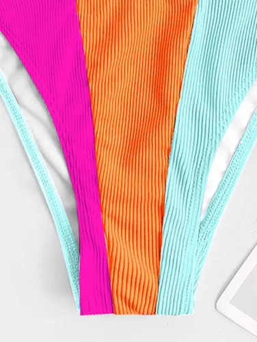 Vista 5 de ZAFUL - Conjunto de bikini de corte alto para mujer, traje de baño de dos piezas acanalado con aro en V