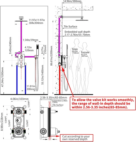 Vista 27 de SKOWLL Shower System with Tub Spout Bathroom Tub and Shower Faucet Combo Wall Mount 12 Inch Black Shower Head and Handle Set, Display Shower Valve