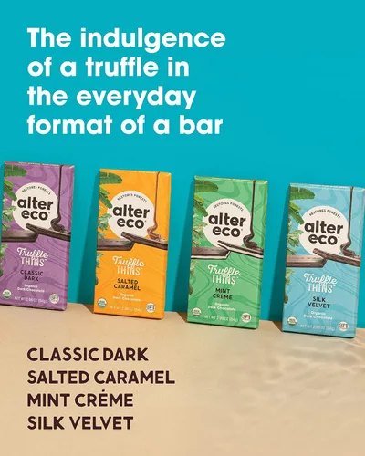 Vista 7 de Alter Eco Menta Creme Truffle Thins, barra de chocolate con relleno de trufa Gooey Ganache, sin gluten, aperitivos sin OMG, sin aditivos ni