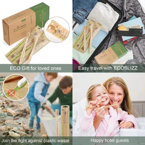 Vista 3 de Cepillos de dientes de bambú cerdas suaves para adultos, paquete de 8 cepillos de dientes de bambú ecológicos envueltos individualmente, cepillo