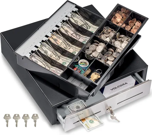 Vista 9 de Volcora Cajón de caja registradora de 13 pulgadas para sistema de punto de venta (POS) con bandeja de efectivo de 2 niveles totalmente extraíble, 4