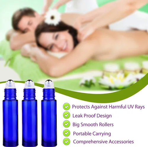 Vista 7 de inice Paquete de 24 botellas enrollables de 0.3 fl oz para aceites esenciales, vidrio azul cobalto, botellas de bola enrollables de acero inoxidable