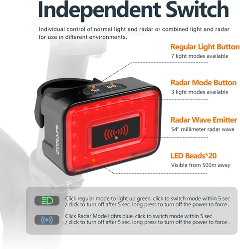 Vista 2 de Radar de luz trasera para bicicleta con detección inteligente de advertencia de freno – IPX6 impermeable USB recargable luz trasera de seguridad