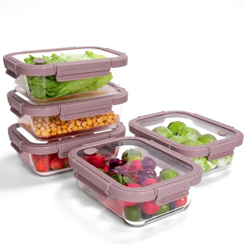 Vista 11 de Juego de 6 recipientes de vidrio de borosilicato para almacenamiento de alimentos con tapas herméticas, aptos para horno, microondas y congelador, a