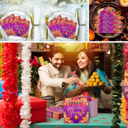 Vista 5 de Sliner Diwali - 200 servilletas de papel desechables Diwali, artículos de papel indios, suministros para fiestas temáticas de Happy Diwali