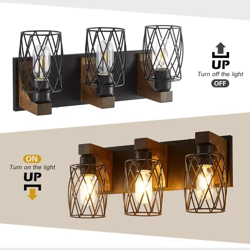 Vista 3 de Luz de tocador de baño estilo granja, lámpara de baño de madera de 3 luces sobre espejo, luces de tocador industriales negras con pantalla de metal