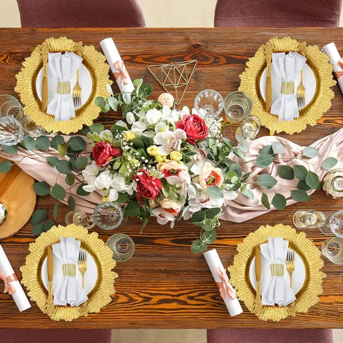 Vista 6 de Tanlade Juego de 72 Piezas de Platos Base Navideños a Granel, 24 Piezas de Platos de Corona Floral de 13'', Servilleteros y Servilletas de Tela