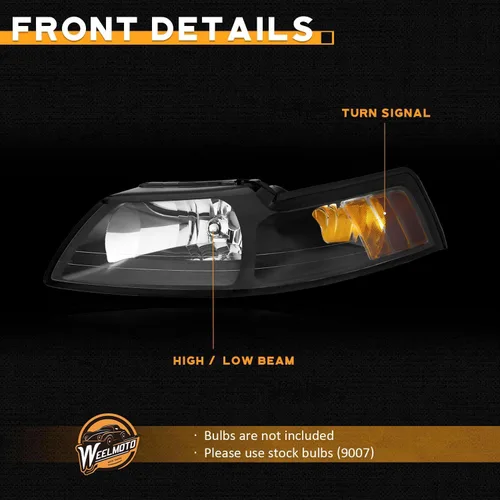Vista 6 de WEELMOTO - Conjunto de faros delanteros automotrices para Ford Mustang 1999-2004, par de montaje de faros de repuesto con carcasa negra para Mustang