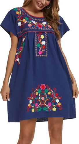 Vista 6 de YZXDORWJ - Vestido mexicano bordado de manga corta para mujer