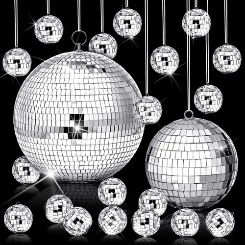 Vista 8 de 17 Piezas de Decoración de Bola de Discoteca: Bolas de Discoteca Colgantes de Espejo de Tamaño Variado Mini y Grande - Adornos de Navidad Plateados