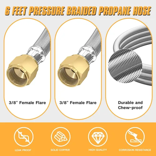 Vista 2 de MEFUN Extensión de manguera de propano trenzada de alta presión de 6 pies con acoplamiento de conversión de 3/8 pulgadas a 1/2 pulgadas NPT hembra