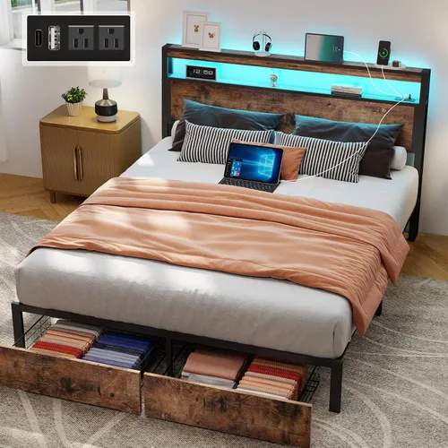Vista 19 de SADENICEL Base de cama Queen con cabecera de almacenamiento y 2 cajones, marco de cama de plataforma de metal con luz LED, estación de carga,