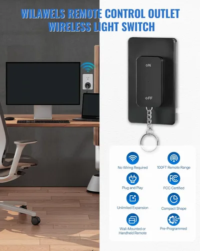 Vista 8 de Toma de control remoto negro, interruptor de luz inalámbrico WILAWELS con base magnética, interruptor de salida remoto de encendido y apagado