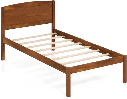 Vista 9 de GIANTEX Marco de cama de madera de tamaño individual con cabecera curva Nogal