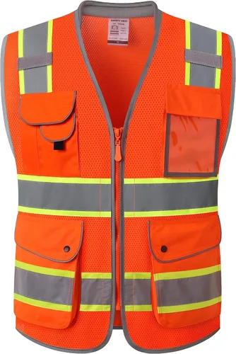 Vista 47 de JKSafety Chaleco de seguridad frontal con cremallera de alta visibilidad Clase 2 de 9 bolsillos con tiras reflectantes, cumple con las normas