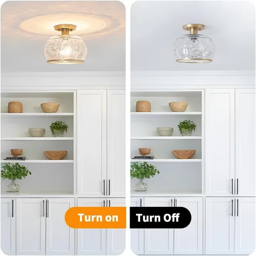 Vista 6 de Lámpara de techo semiempotrada dorada con cristal globo – Iluminación de techo vintage para pasillo, cocina, entrada, baño y armario
