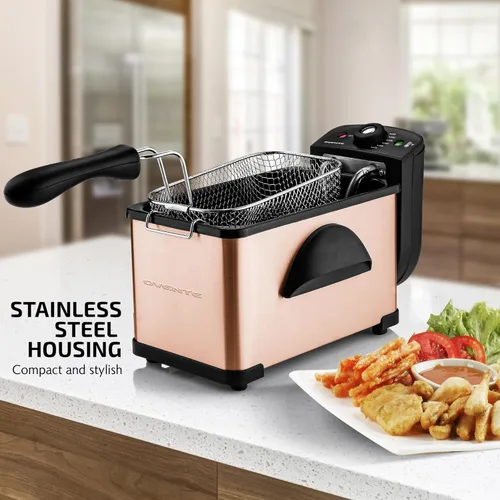 Vista 4 de OVENTE Freidora eléctrica de 2 litros de capacidad, tapa con ventana de visión, temperatura ajustable, cesta extraíble y mango de tacto frío