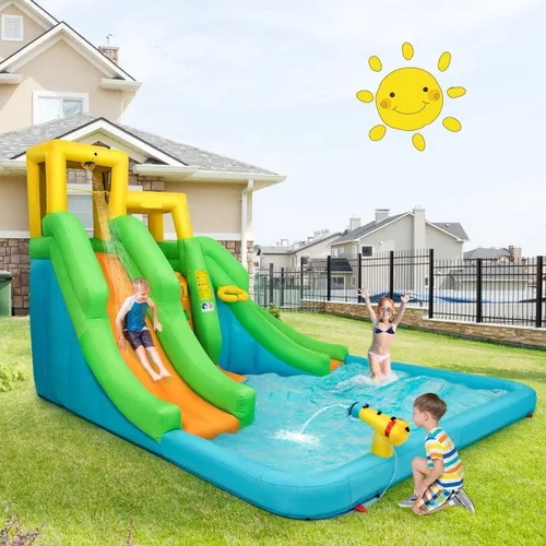 Vista 8 de OLAKIDS Tobogán acuático inflable, casa de rebote 6 en 1 con 2 toboganes, pared de escalada, piscina de salpicaduras, borde de baloncesto, pistola