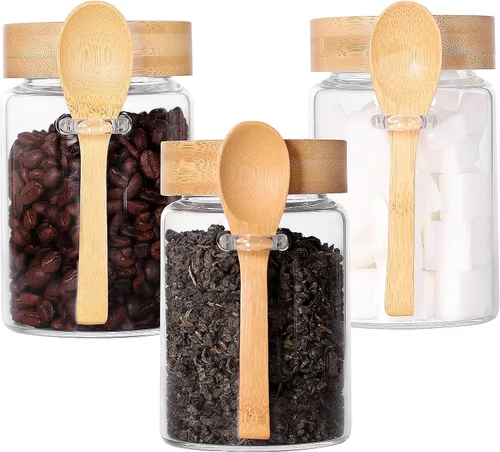 Vista 9 de Tarro de vidrio con tapa y cuchara de bambú, paquete de 8 recipientes de té de 10 onzas para té de hojas sueltas, recipientes de sal y azúcar