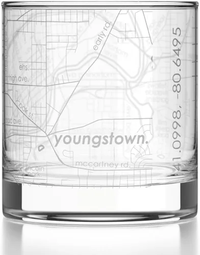 Vista 73 de Well Told Vaso de rocas grabado con mapa de Akron, Ohio, cristalería estilo antiguo (325ml, transparente) Vaso de bourbon grabado, regalos