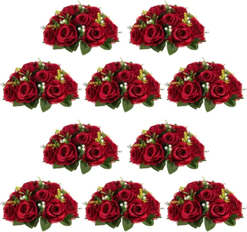 Vista 25 de NUPTIO Arreglo de Bolas de Flores en Ramo - 2 Piezas de 9.5 Pulgadas de Diámetro Bolas de Flores Falsas Carmesí Rosas para Centros de Mesa Mesas
