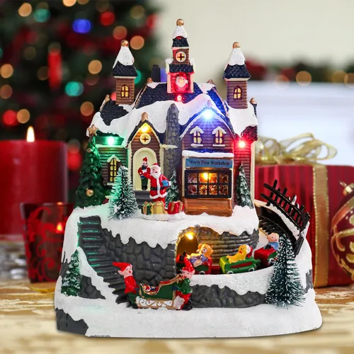 Vista 9 de Vipush Decoraciones de Casa de Pueblo Navideño de Resina Juego de Tren con Papá Noel Volador Decoración del Hogar Interior Figuras de Edificios Tren