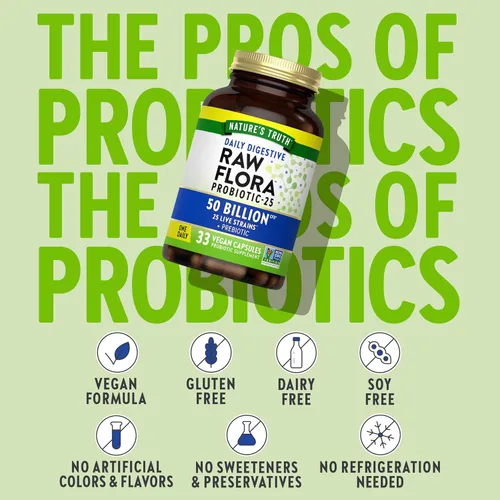 Vista 4 de Raw Flora Probióticos con prebióticos 50 mil millones de UFC 33 cápsulas digestivas diarias Suplemento vegano, sin OMG y sin gluten