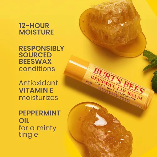 Vista 2 de Burt's Bees - Bálsamo labial hidratante 100% natural, de cera de abejas original con vitamina E y aceite de menta - 4 tubos